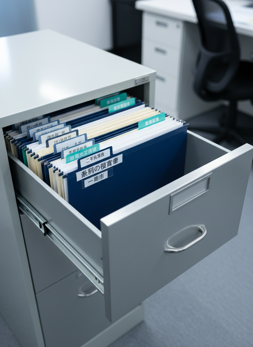 A secure document storage scene inside a modern fireproof filing cabinet, one drawer smoothly pulled open to reveal neatly labeled hanging folders. In the center, a prominent folder in deep indigo is labeled in Japanese for “Last Will and Testament” with a smaller sublabel referencing Ichinomiya City. Surrounding folders in muted gray and beige emphasize the featured file. The interior is lit by soft, cool-toned overhead office lighting, creating clean, crisp lines and subtle metallic reflections on the cabinet rails. Photographic realism, composed from a slightly elevated front angle with sharp focus and strong depth of field. The atmosphere suggests safety, long-term protection, and meticulous document management, reinforcing the trustworthiness of a specialized administrative scrivener office handling wills.