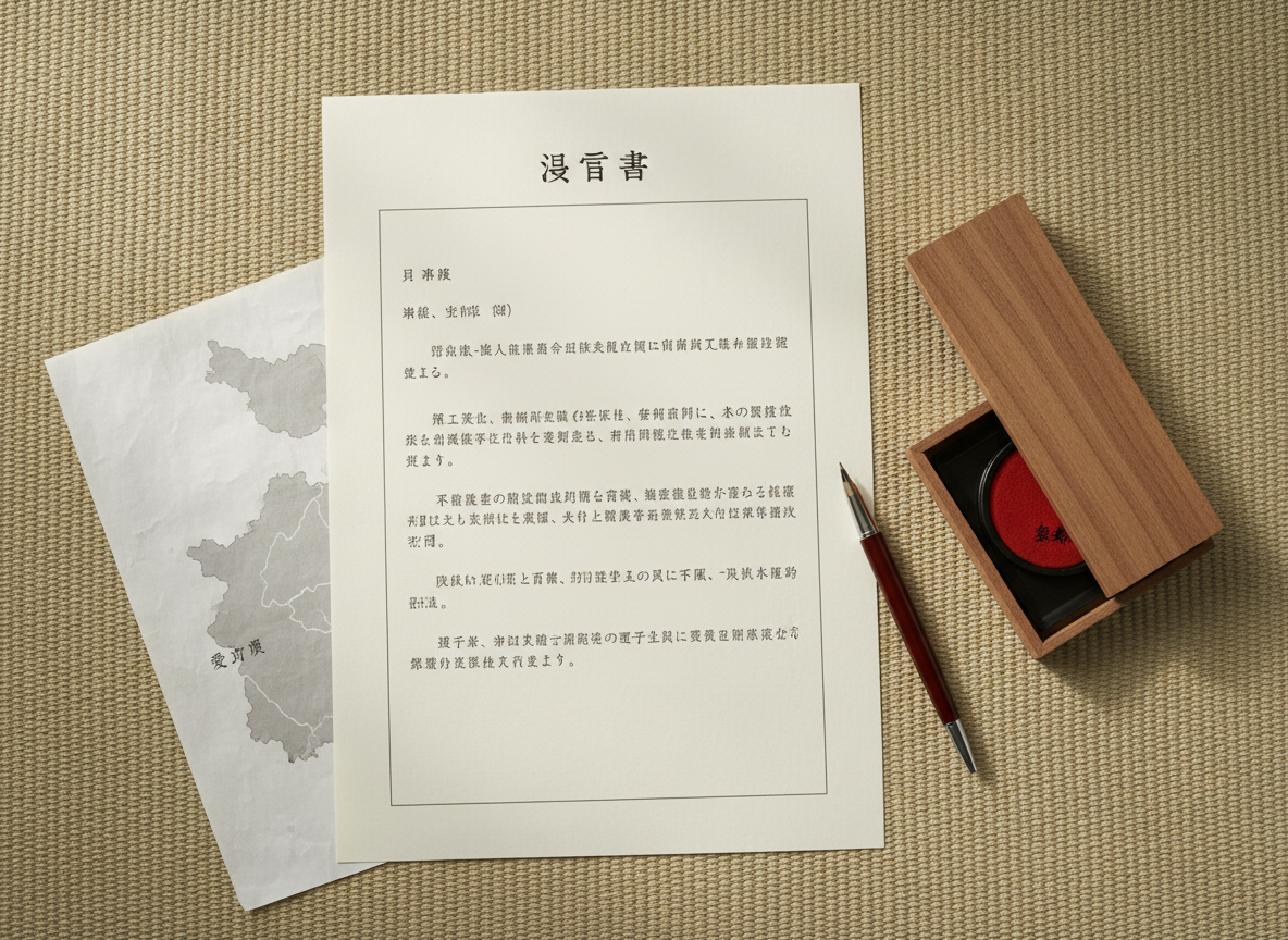 A detailed overhead view of a will drafting scene on a tatami-inspired textured mat, featuring an open cream-colored will document formatted in Japanese, with clean black type and generous margins. To the side lies a traditional wooden hanko case with a red ink pad partially visible, and a slim, dark lacquered pen aligned parallel to the page. A subtle map of Aichi Prefecture, printed in muted gray tones on fine paper, peeks out from beneath a corner of the document, hinting at the local focus. Natural morning light from the top of the frame casts gentle, directional shadows, enhancing the paper’s texture. Photographic realism with a minimalist, top-down composition emphasizes order, clarity, and regional expertise in will preparation.