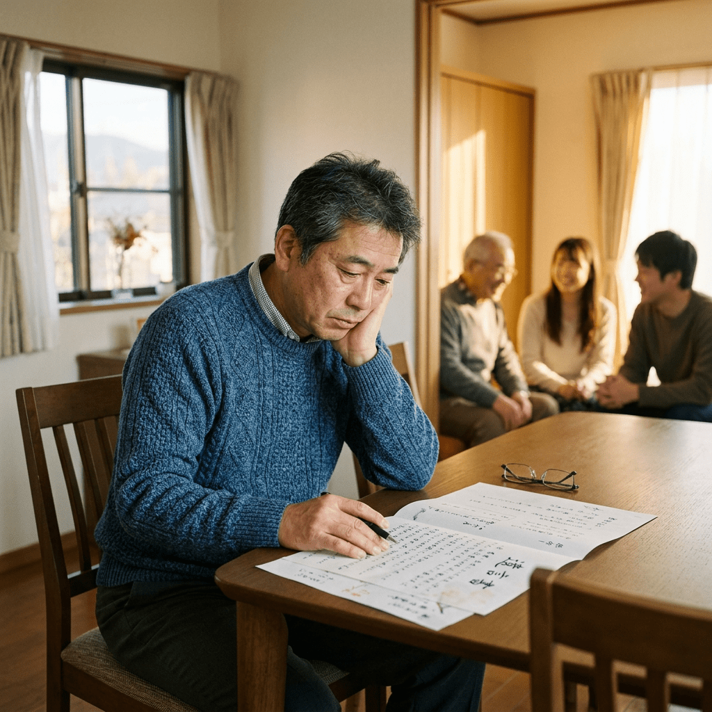 Man sitting at table reading papers with family talking behind him
