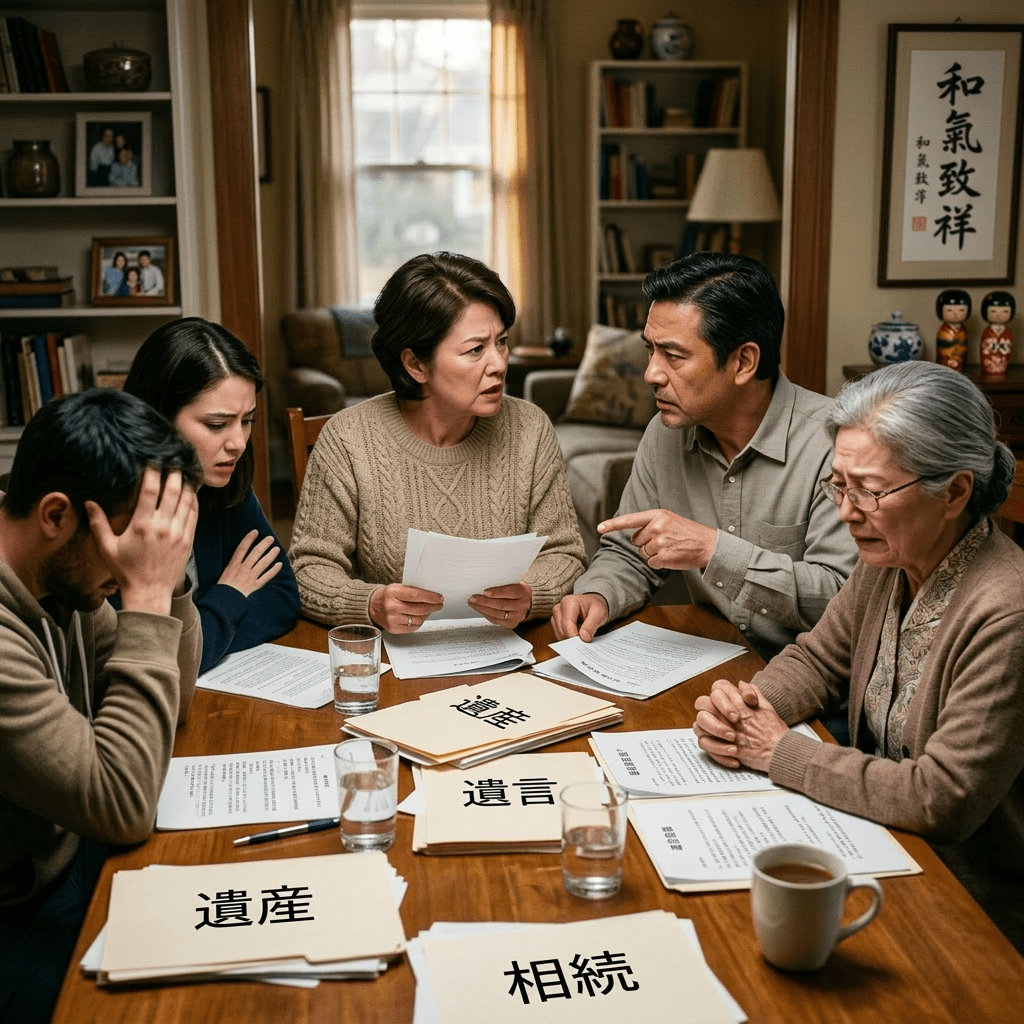 Family arguing over estate and inheritance documents around a table