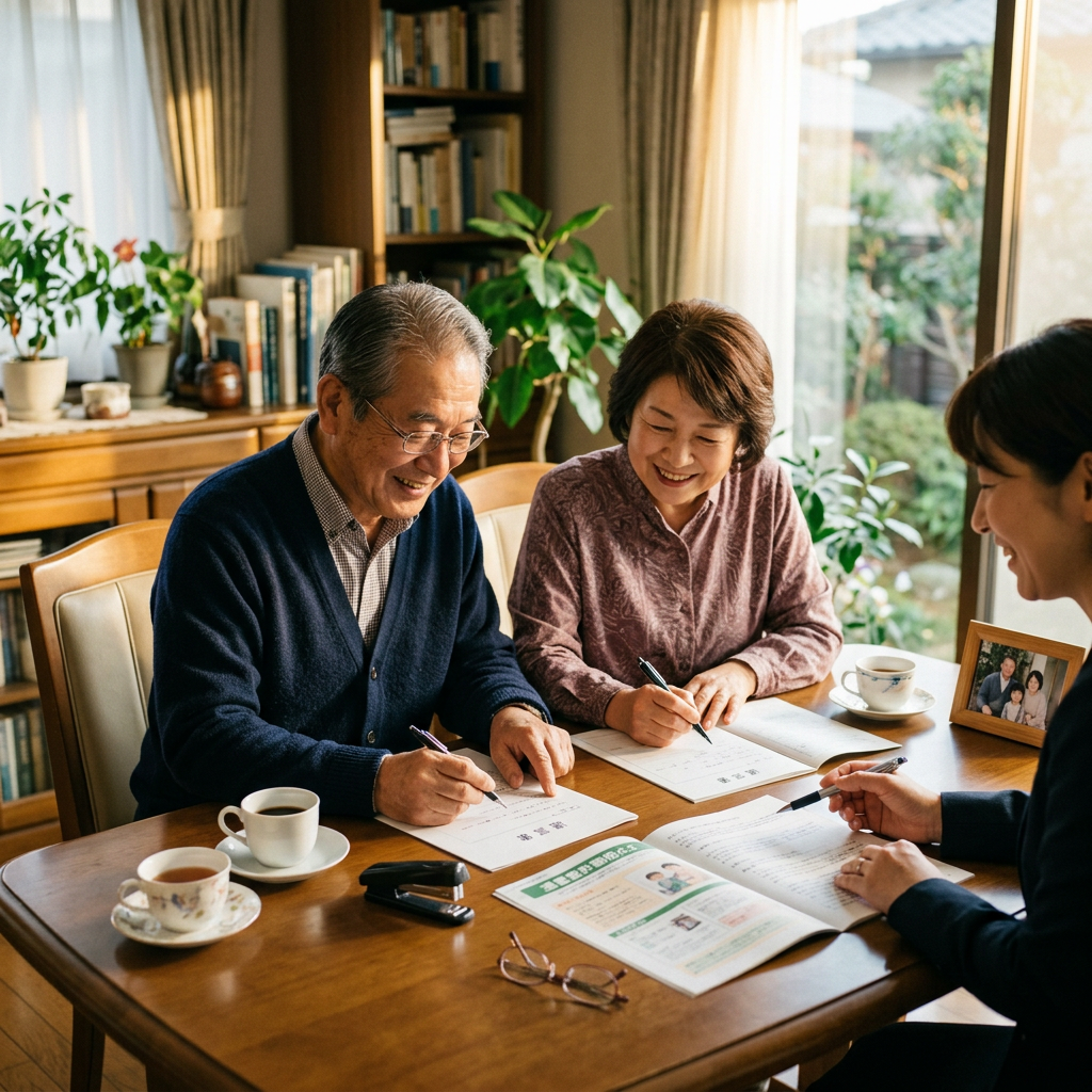 Elderly couple signing papers with a professional woman at a table