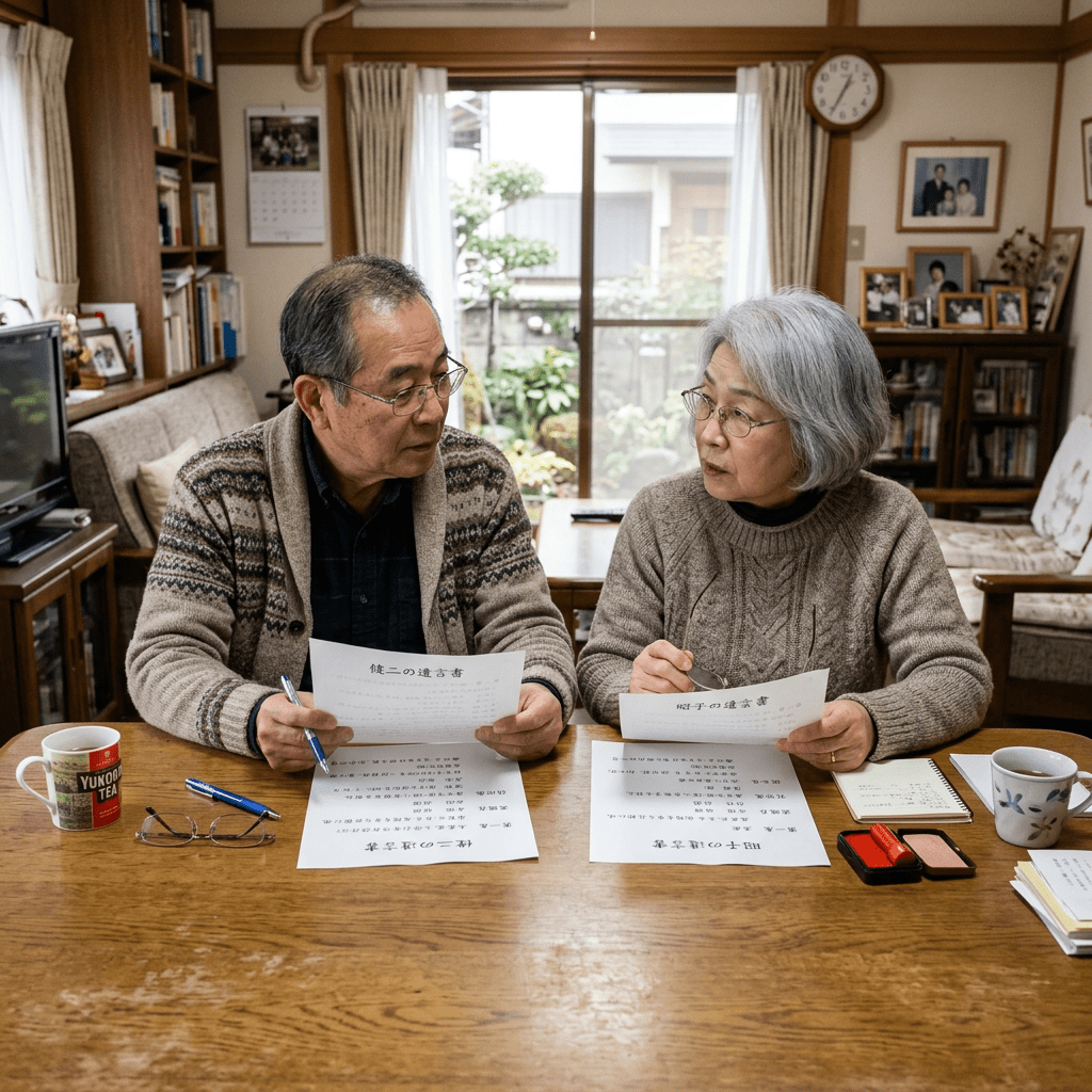 Elderly man and woman seated at a wooden table reviewing papers and writing notes.