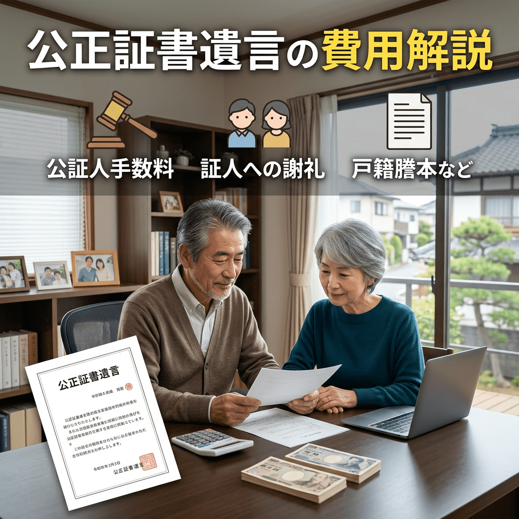 Elderly couple reviewing notarized will documents with money and calculator