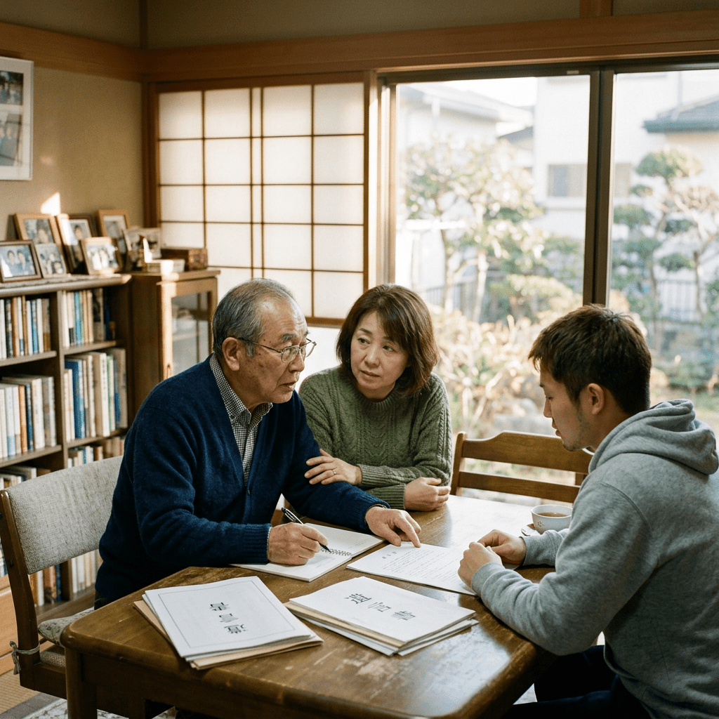 An elderly man, middle-aged woman, and young man sitting at a table reviewing documents