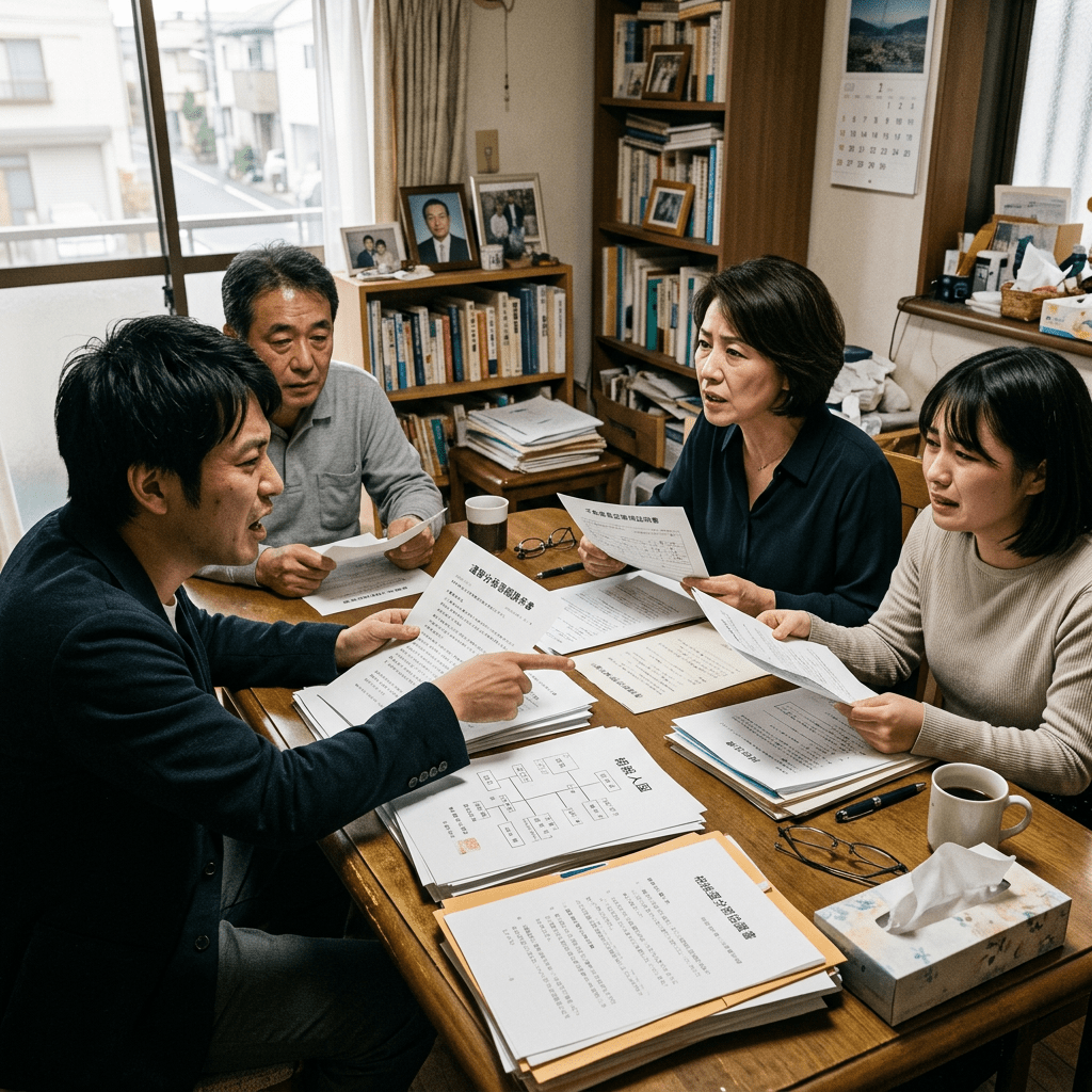 Four people sitting around a table examining and discussing documents and charts.