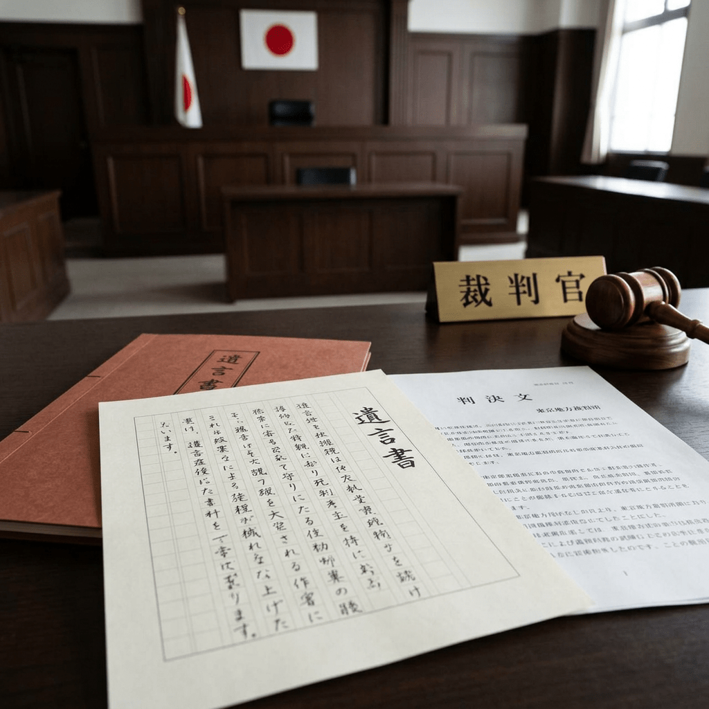 Japanese courtroom desk with legal documents, gavel, and judge nameplate