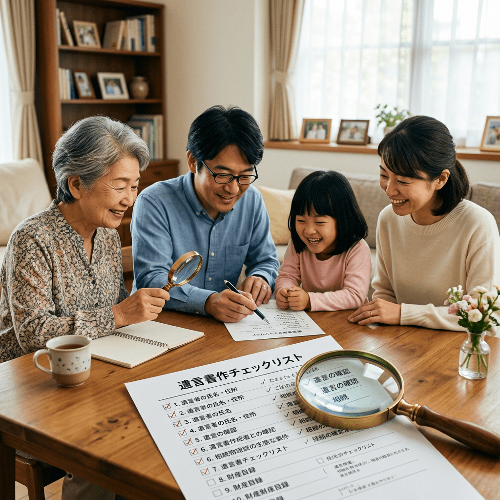 Four family members reviewing a checklist document with magnifying glasses