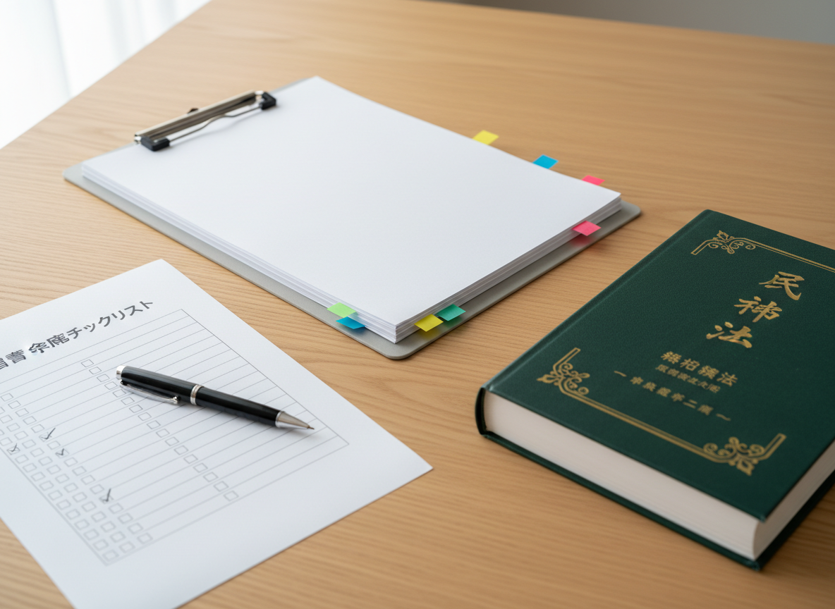 A close-up of a meticulously organized estate planning workspace, showing a stack of crisp white will forms clipped to a stainless steel clipboard, marked with small, color-coded sticky tabs. A detailed checklist titled in Japanese sits alongside, with boxes neatly ticked in black ink. On the right, a dark green hardcover legal reference book with gold Japanese lettering anchors the composition. The desk surface is light oak, smooth and uncluttered. Soft, diffused overcast light from an unseen window creates minimal shadows and even illumination. Photographic realism, captured from a slightly elevated angle with sharp focus throughout, conveying precision, reliability, and thorough support for will preparation services in Ichinomiya City.