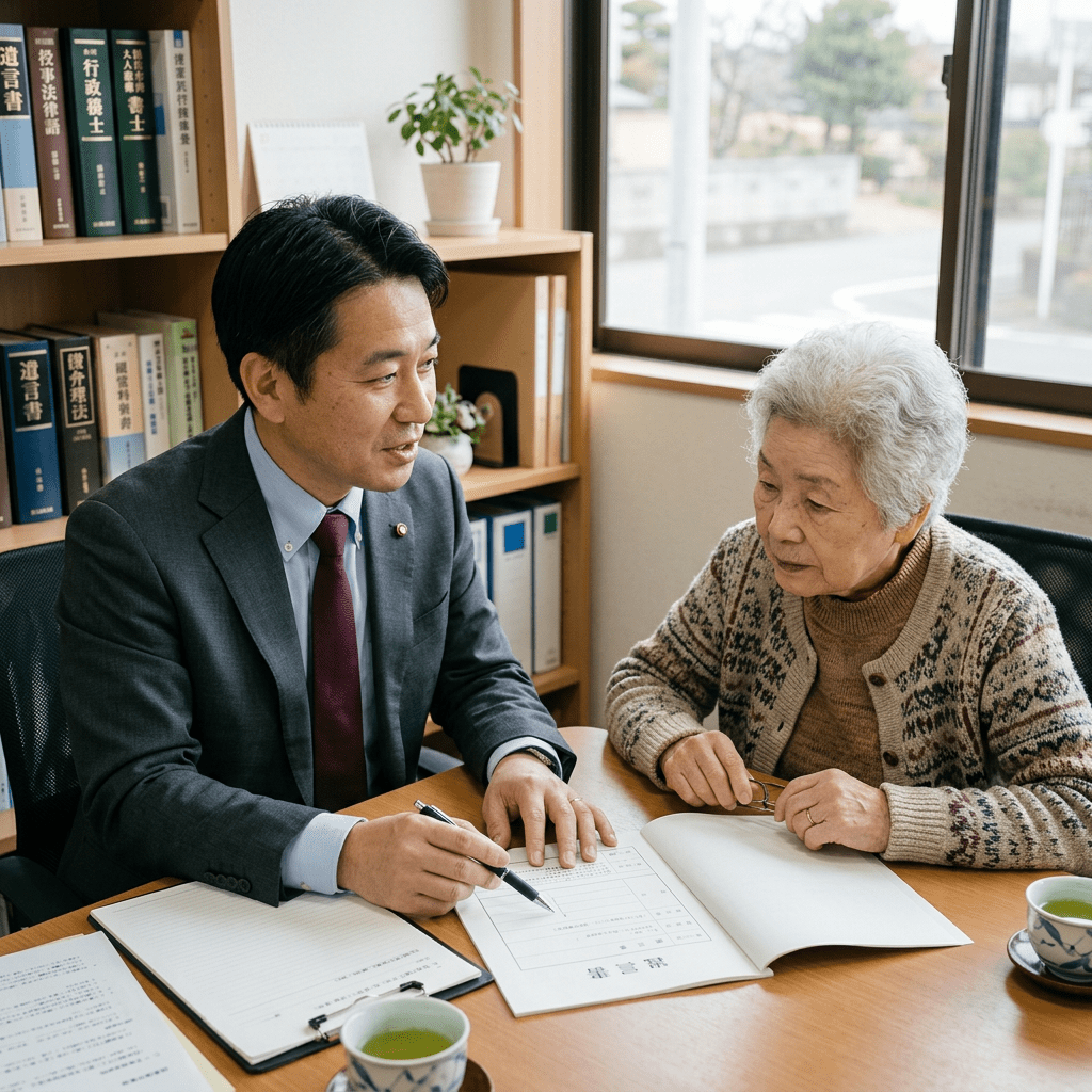 Lawyer discussing paperwork with elderly woman in office