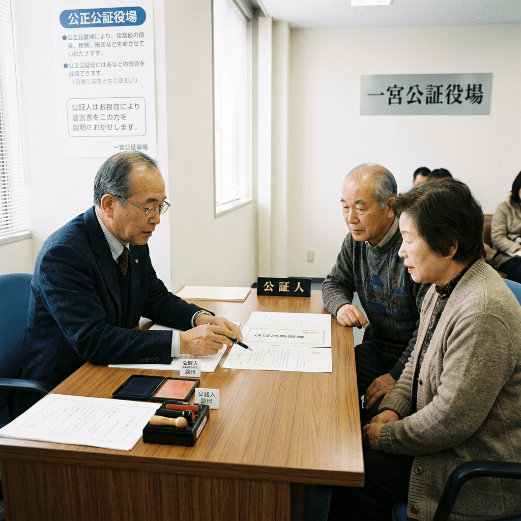 Notary public explaining documents to elderly couple at a table in an office.