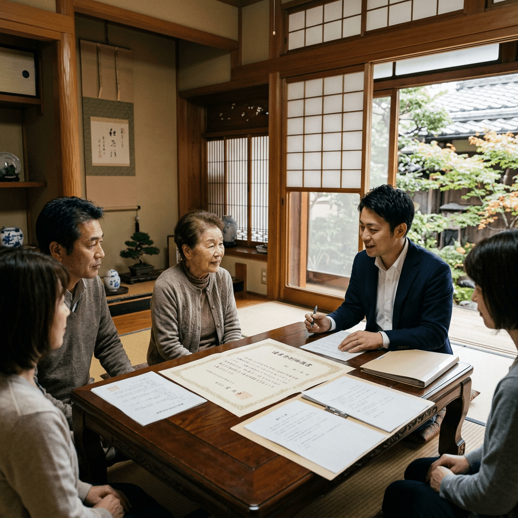 Family members and advisor sitting around a table with legal documents at traditional Japanese home