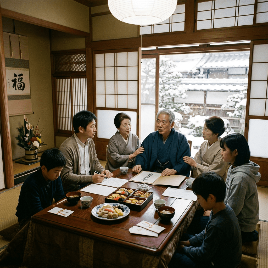 Japanese family of three generations seated around a table in traditional room with calligraphy and food