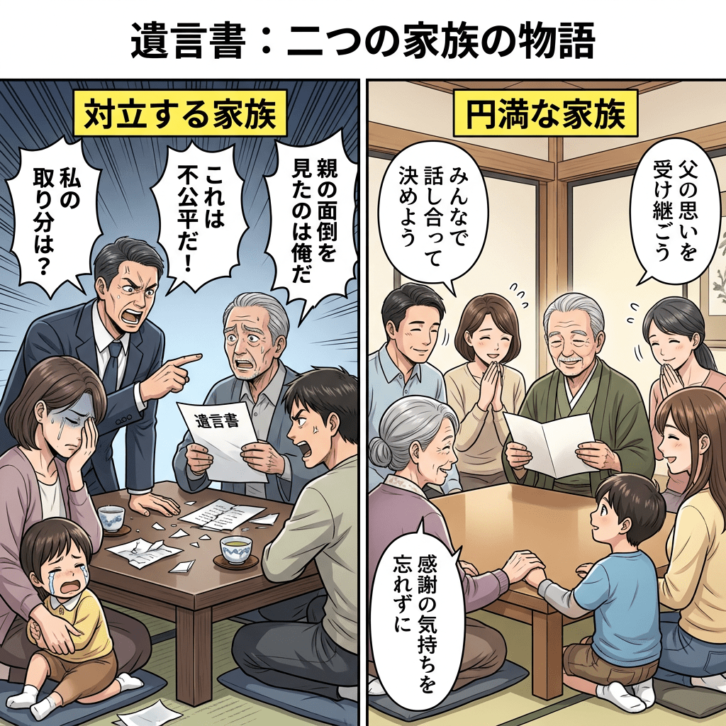 Two contrasting family scenes discussing a will: one arguing, one harmonious
