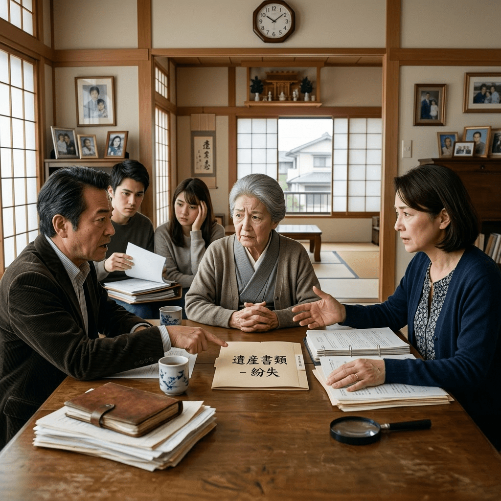 Family around table discussing missing estate papers with documents and magnifying glass