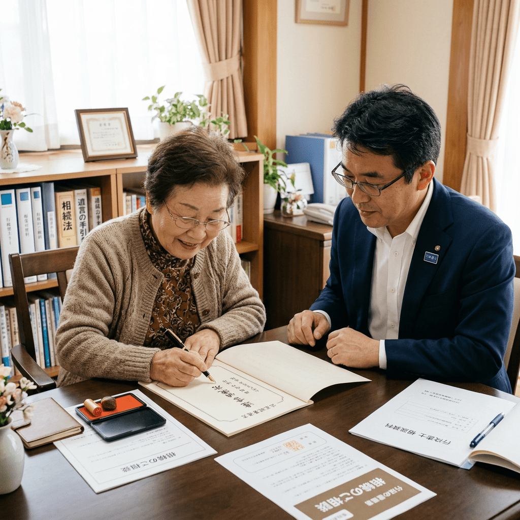Elderly woman signing documents assisted by a man in an office setting