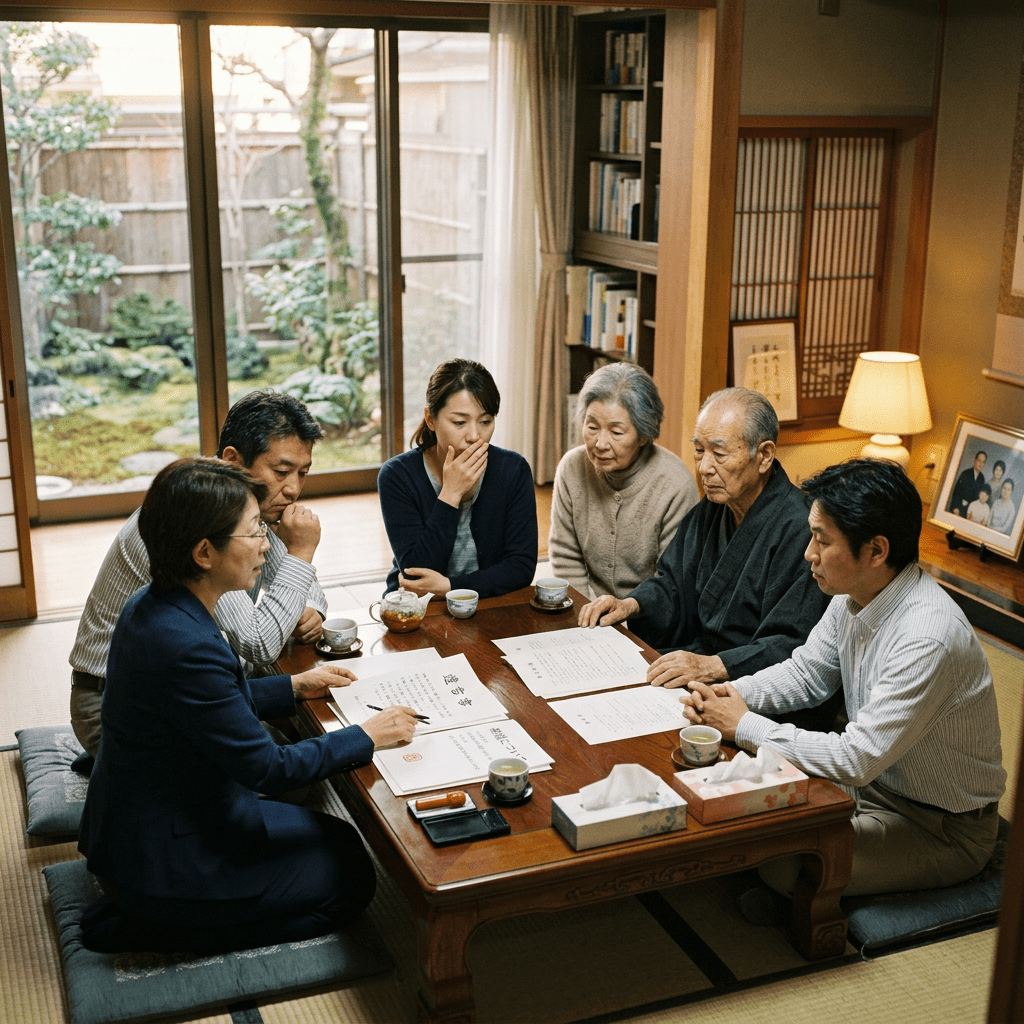 Six people seated around a low table reviewing papers in a traditional Japanese room