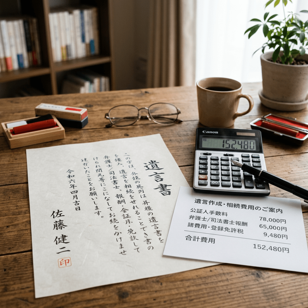 Handwritten will document and legal fees summary with calculator, pen, glasses, and coffee cup on wooden table
