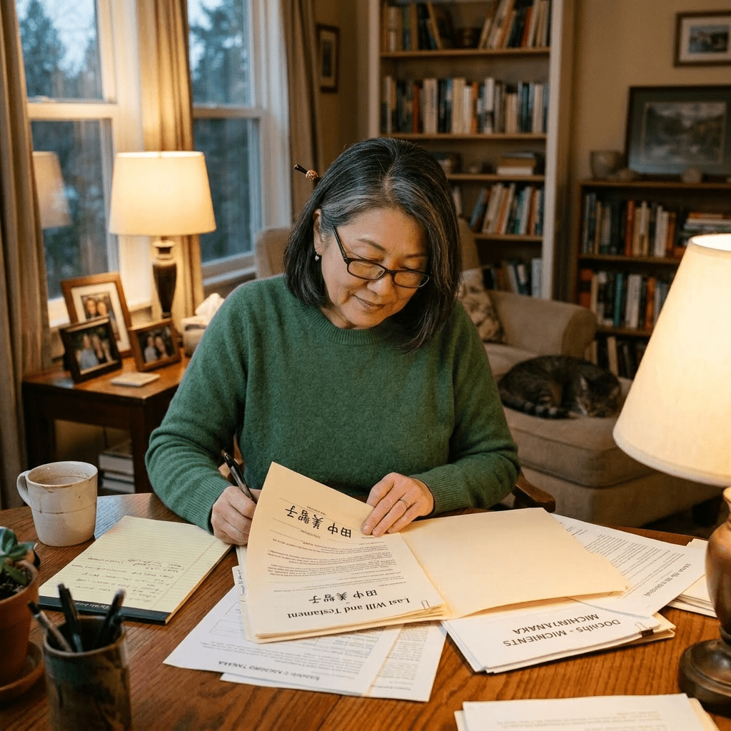 Woman sitting at wooden table signing last will and testament documents