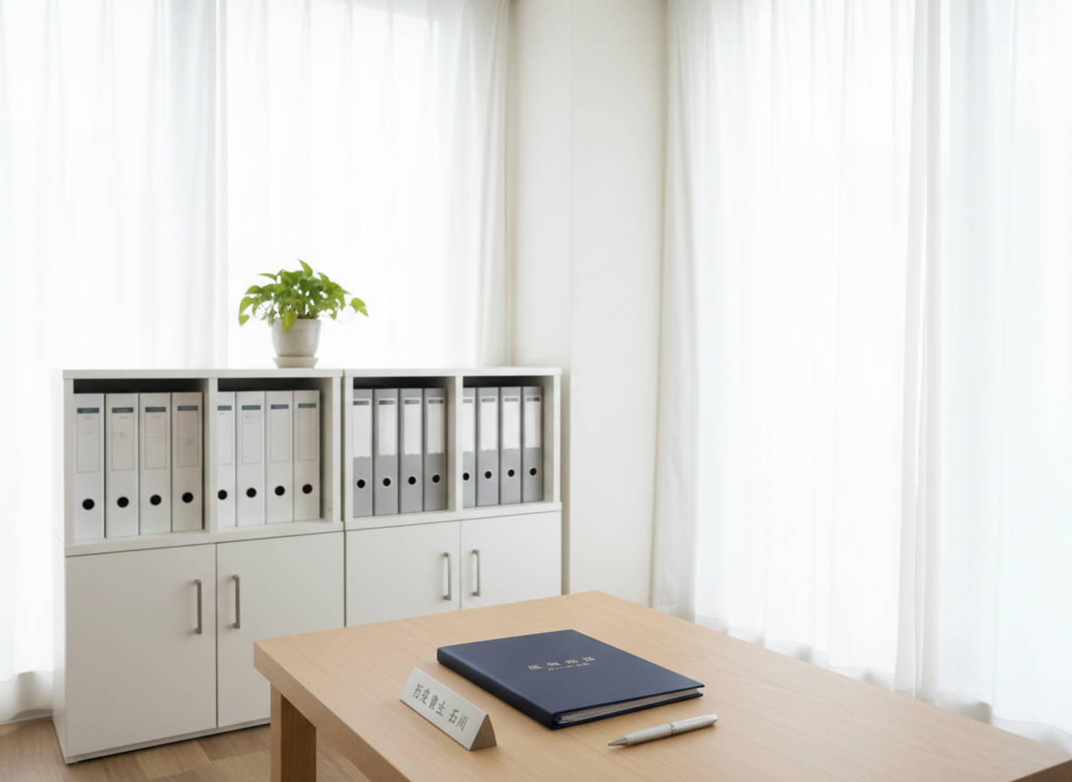 A calm consultation room interior without people, featuring a low, rectangular light-wood table in the center, holding a closed navy-blue will document file, an elegant silver pen, and a small, discreet nameplate etched with Japanese characters. Behind the table stands a minimalist white cabinet with neatly arranged binders and a single potted green plant adding a touch of life. Large windows with sheer white curtains allow soft natural daylight to gently brighten the room, creating subtle, comforting shadows. Photographic realism, shot from a seated eye-level perspective with balanced composition and moderate depth of field. The mood is reassuring, professional, and approachable, reflecting a local administrative scrivener’s office in Aichi Prefecture that specializes in careful, one-on-one support for will creation.