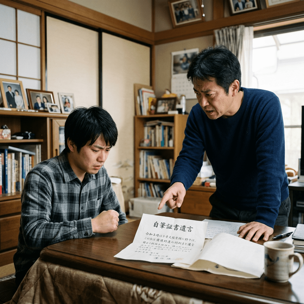 Two men discussing a legal document on a wooden table inside a traditional Japanese room