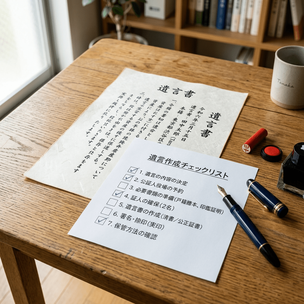 Japanese will document and checklist with pen and red stamp on wooden table