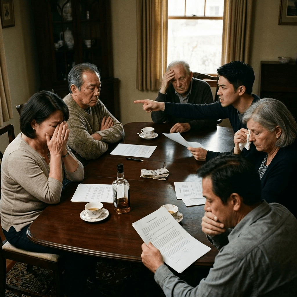 Six family members arguing around a table with legal documents and cash