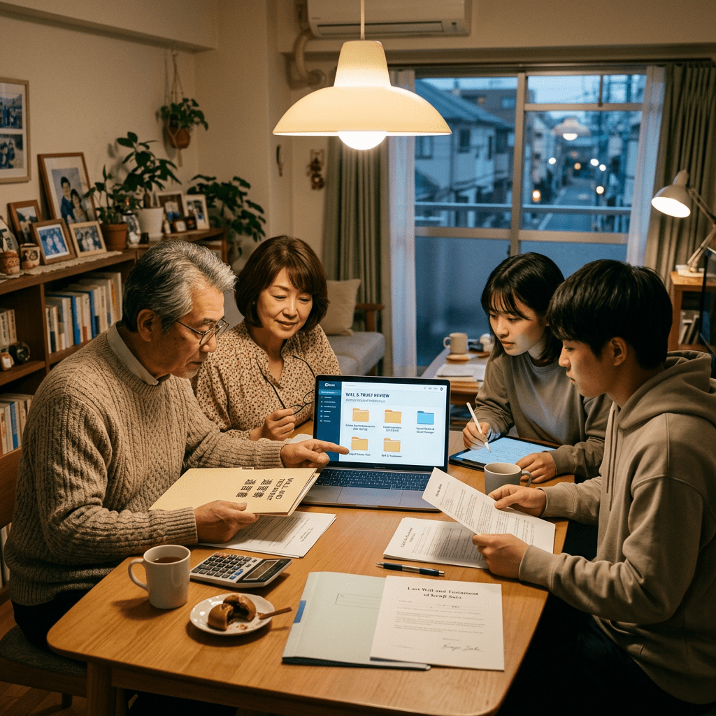 Four family members reviewing estate and will documents at a dining table with a laptop open to folders