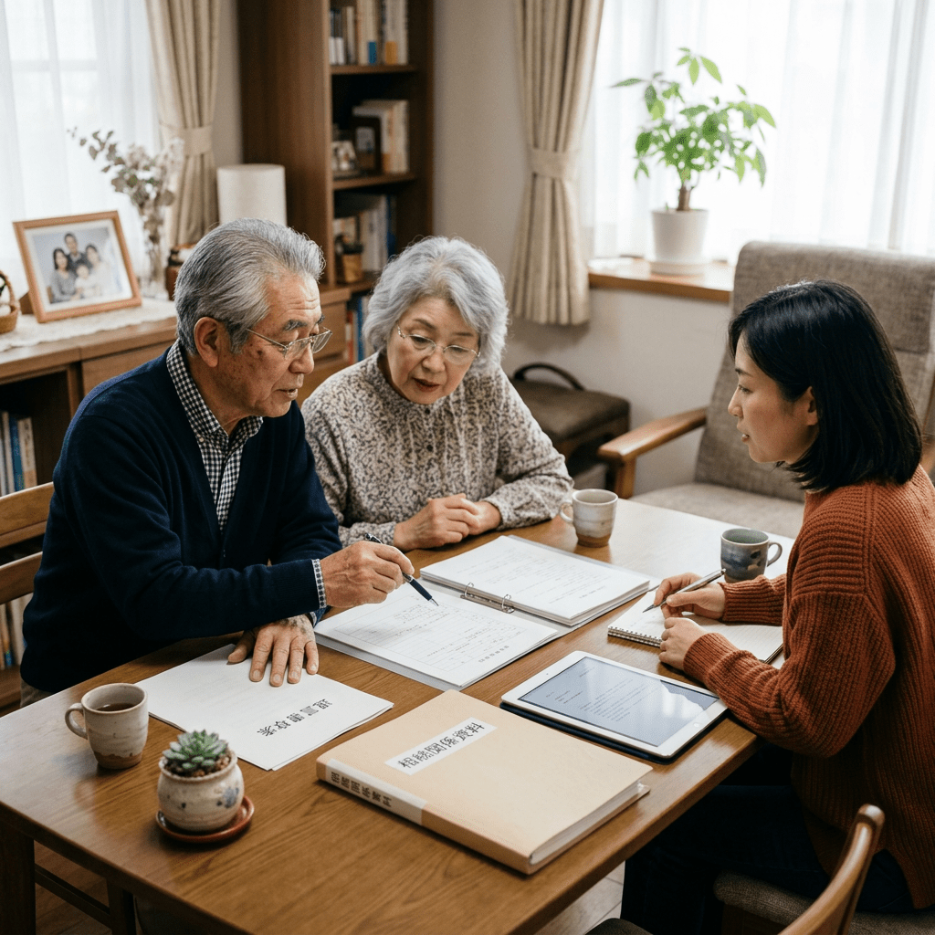Elderly couple discussing financial documents with a younger woman at a table