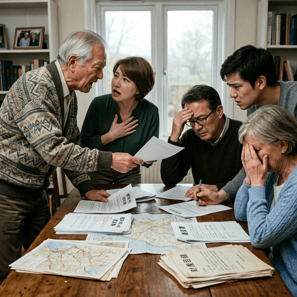 Five people arguing around a table covered with maps and papers