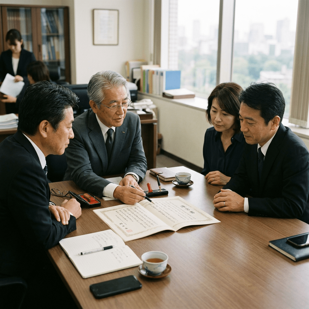 Four Japanese businesspeople sitting around a table reviewing a formal document