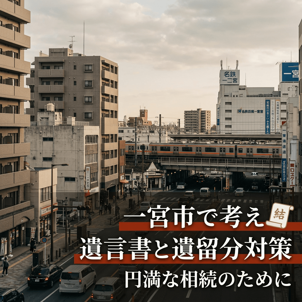Urban street scene in Ichinomiya city with buildings, a train on elevated tracks, and Japanese text about will and inheritance planning.