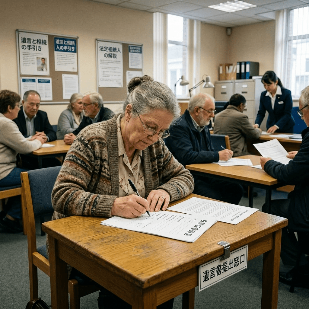Elderly woman signing legal documents at a notary signing area in a community legal aid office