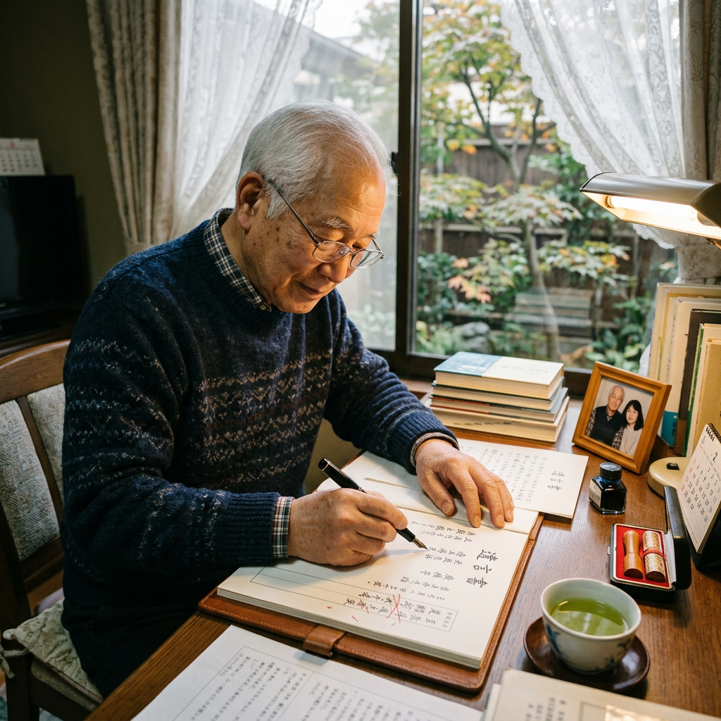 Elderly man writing calligraphy at a desk with books and a cup of green tea
