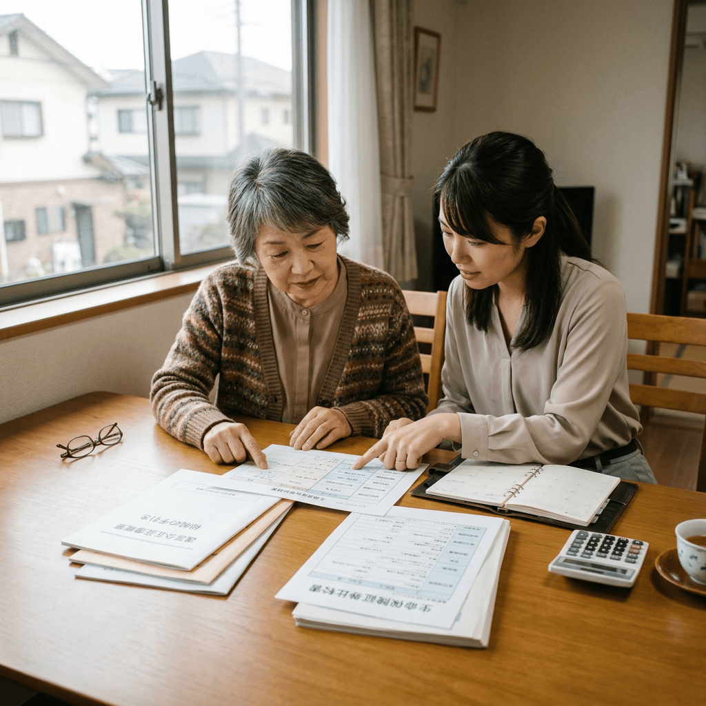 Older woman and younger woman discussing financial papers at a wooden table