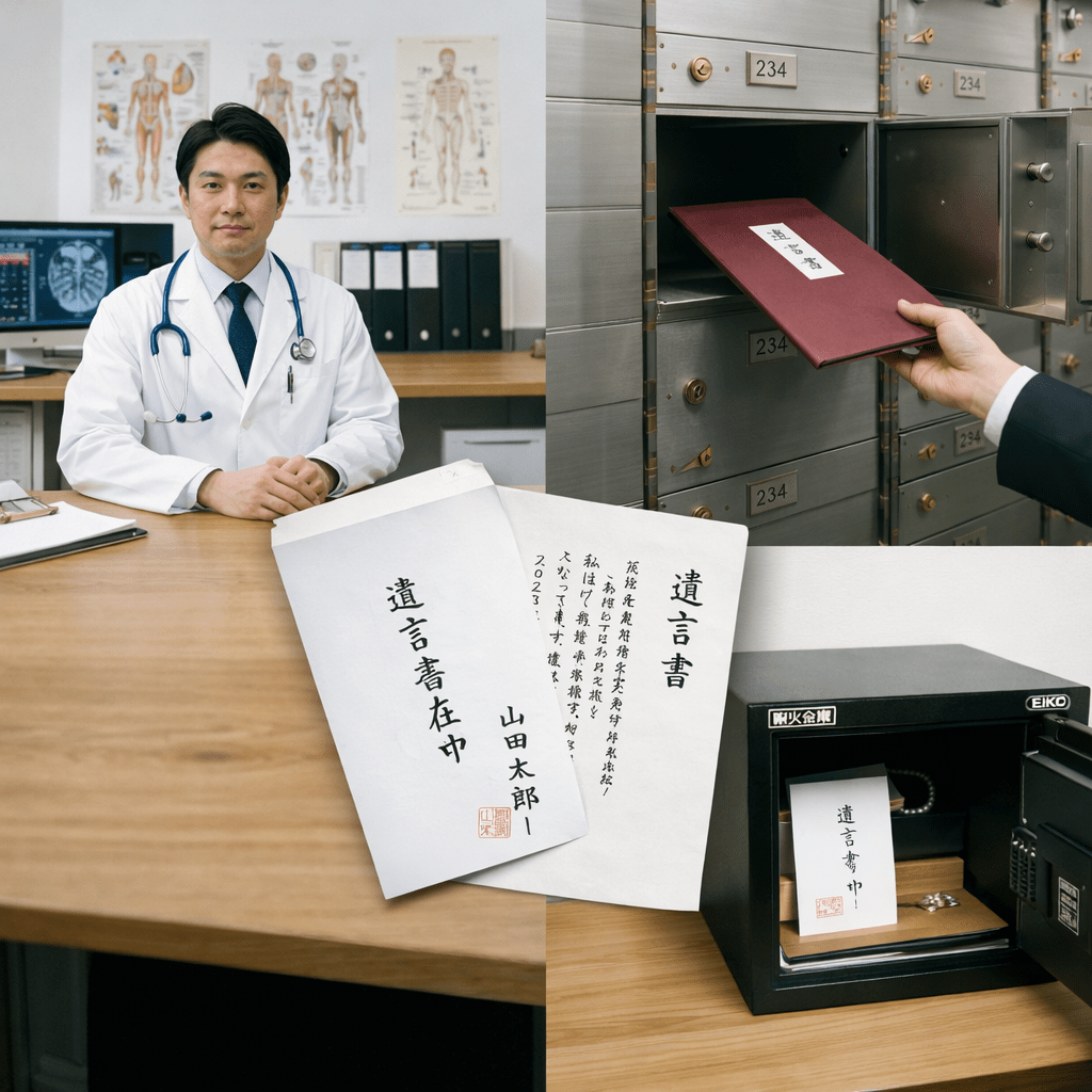 Lawyer at desk with legal documents, bank safe deposit box with will, home fireproof safe with will and valuables