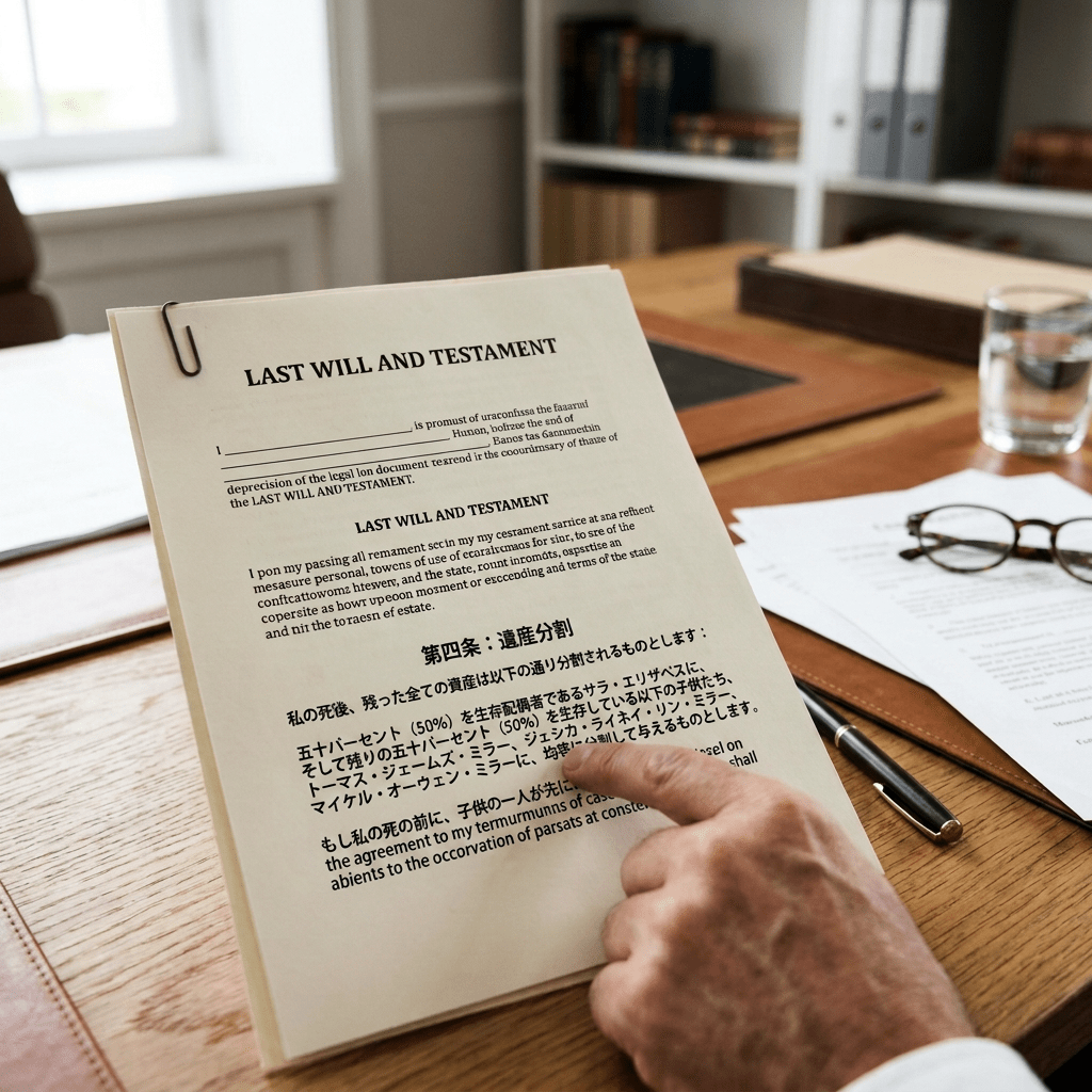 Hand pointing to division of estate section in a last will and testament document on a desk