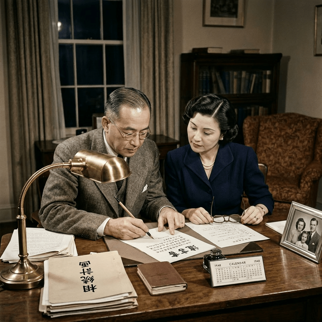 Man and woman sitting at a desk reviewing and signing documents in an office