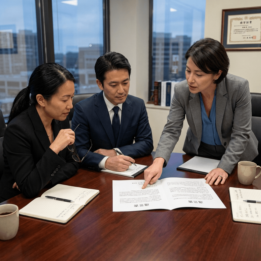 Three professionals examining a last will and testament document together at a conference table