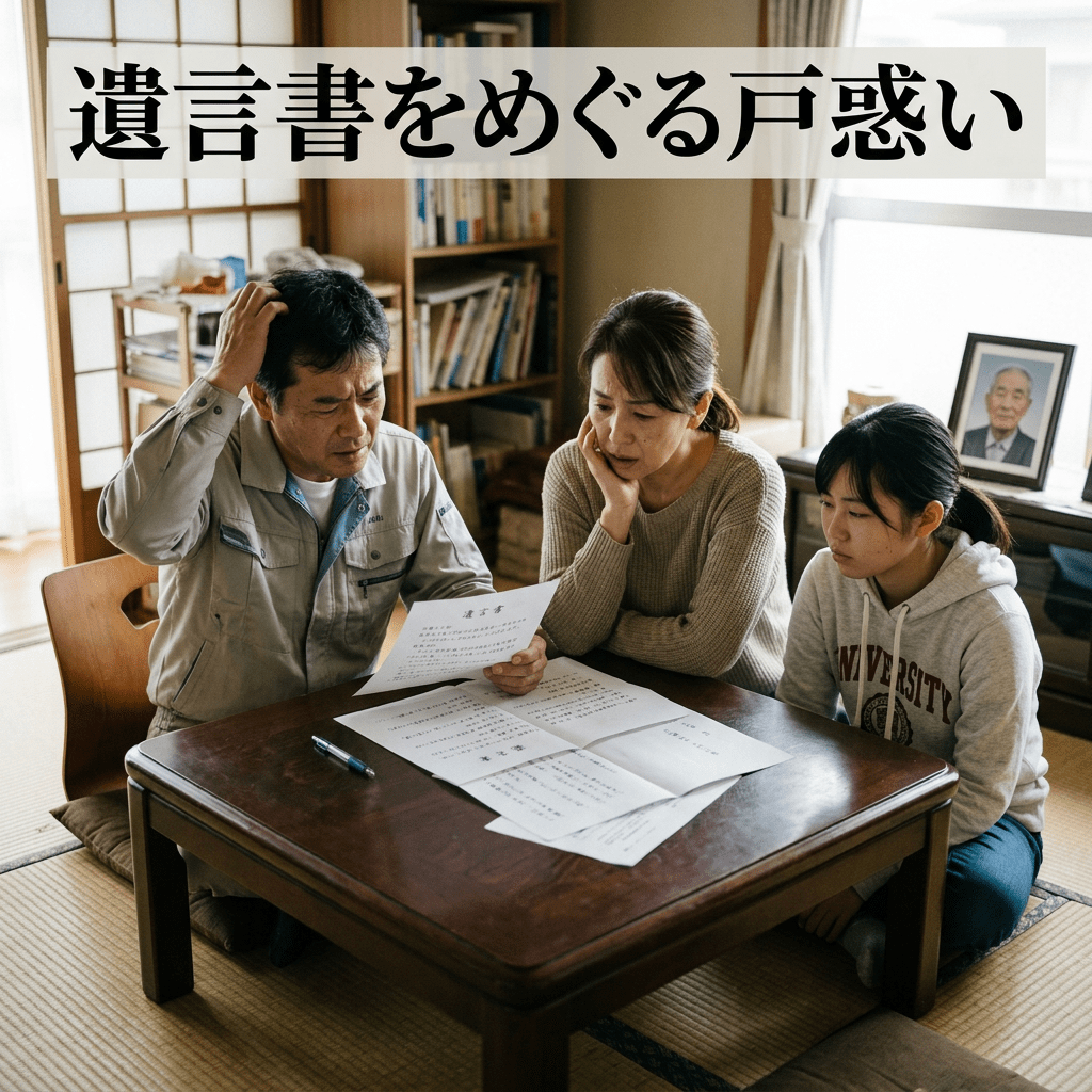 Family members sitting at a table looking worried while reading a will document