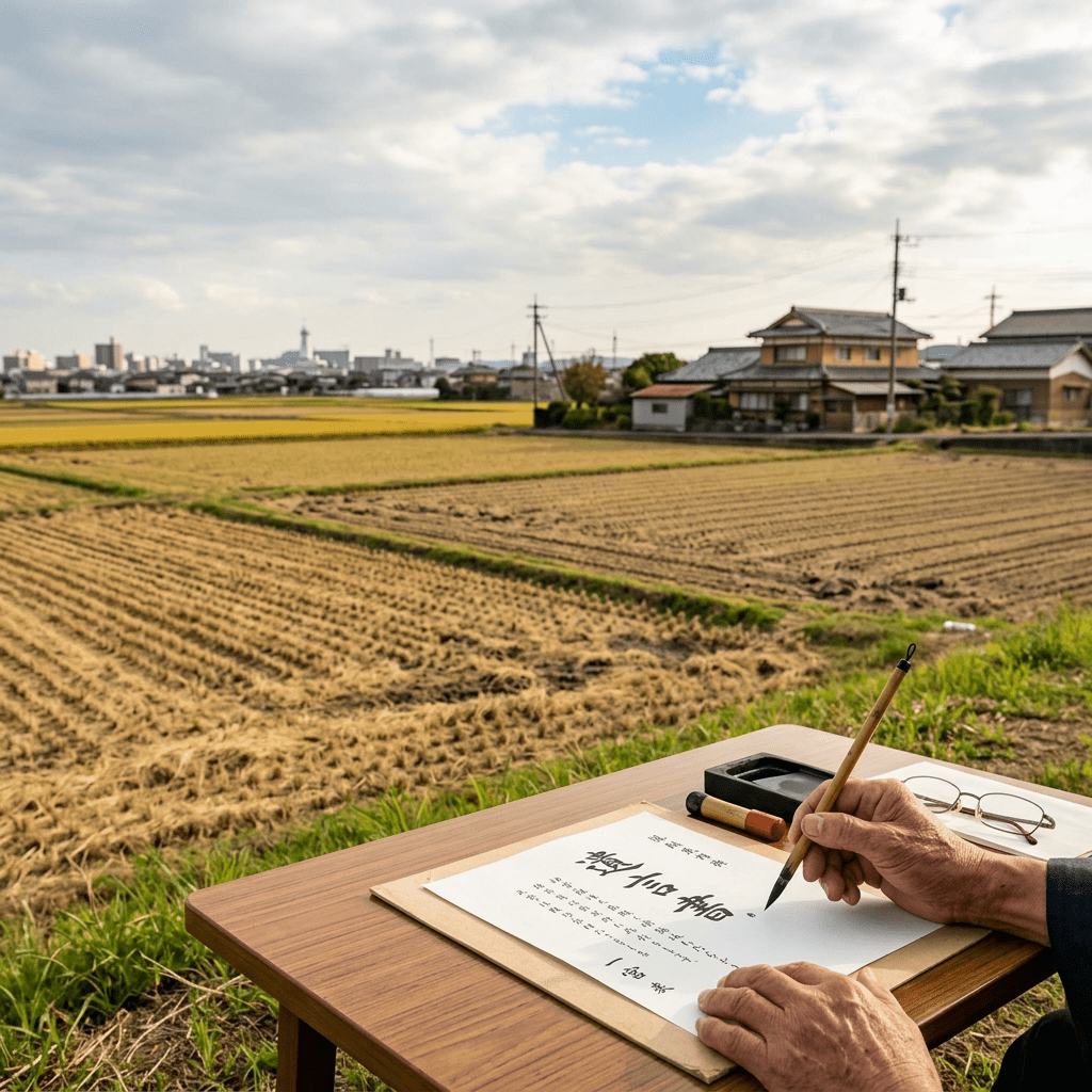 Hands writing Japanese calligraphy on paper outdoors near rice fields
