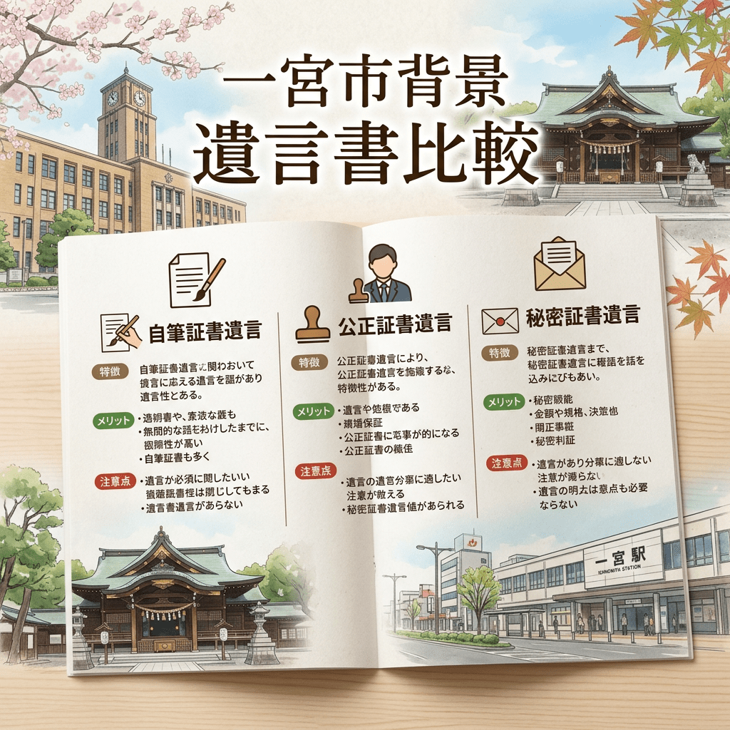 Comparison chart of handwritten, notarized, and secret wills with features, merits, and cautions in Japanese.