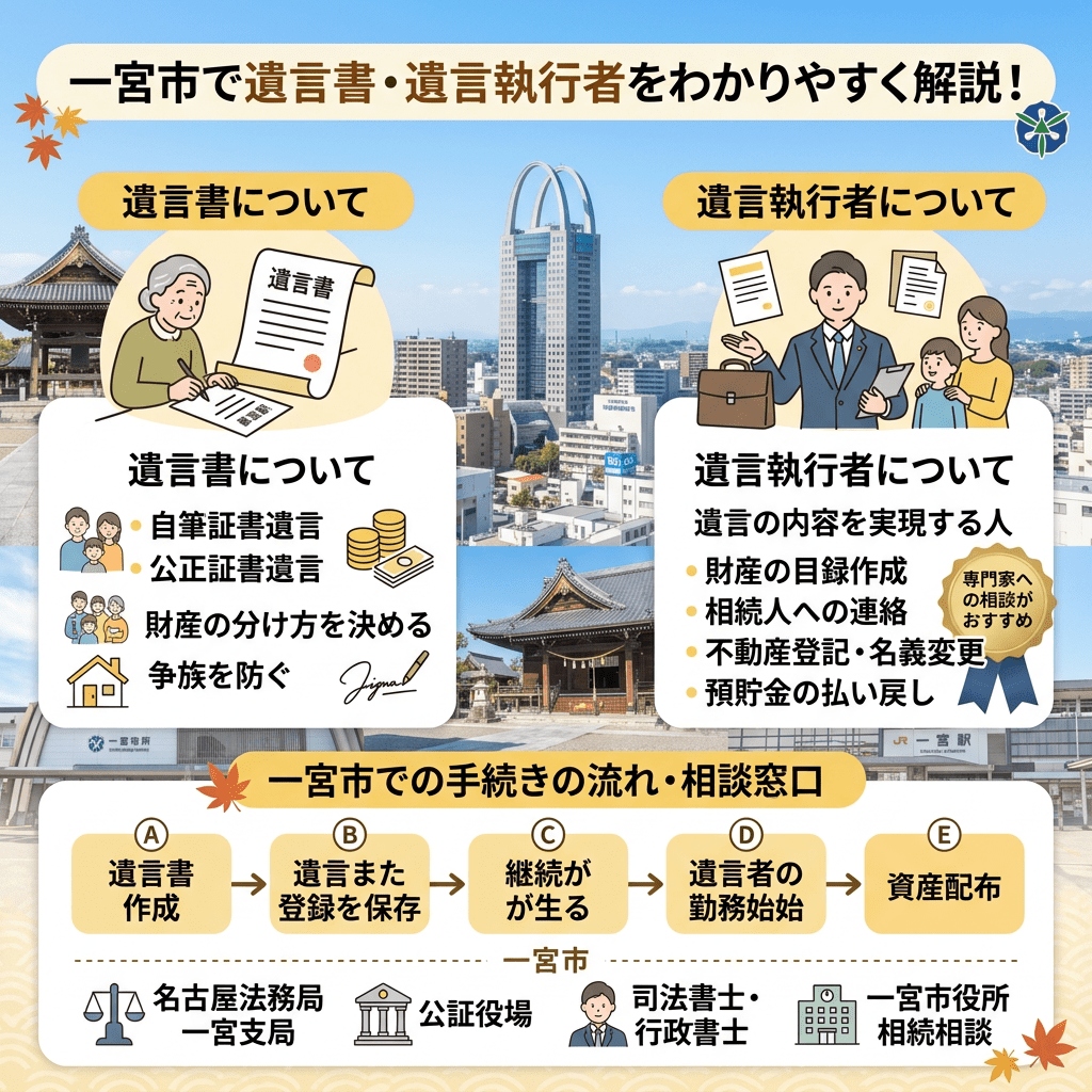 Illustration explaining wills and executors with city background and procedural flow in Ichinomiya