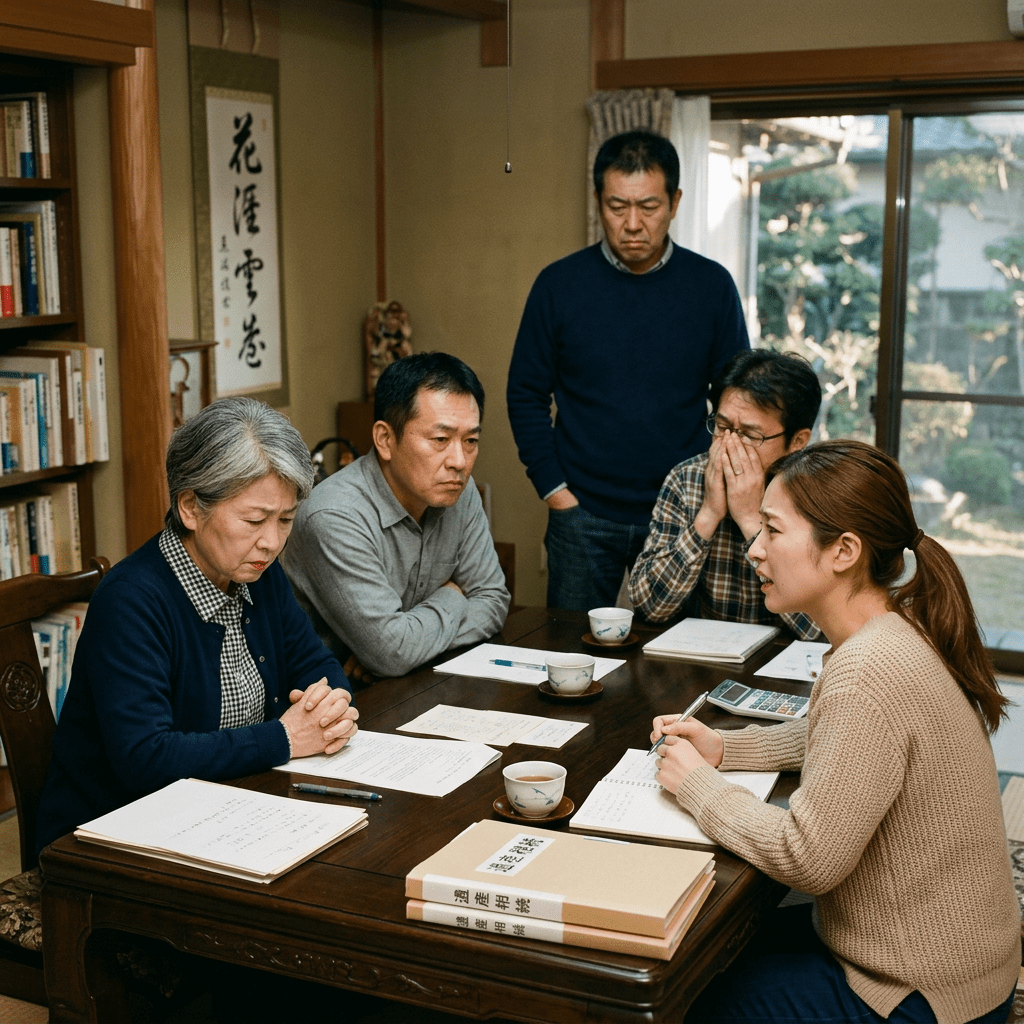 Five family members having a serious discussion over documents at a wooden table